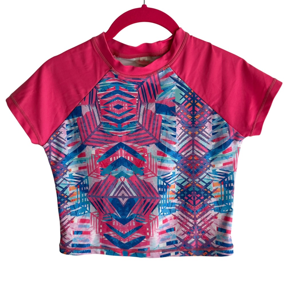 INDIGO REIN Pink Blue Ikat Girls Cropped Short Sleeve Swim Rash Guard, 10/12